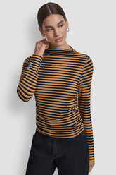 SIDE RUCHED HIGH NECK LONG SLEEVE TOP WITH RHINESTONE