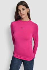 SIDE RUCHED HIGH NECK LONG SLEEVE TOP WITH RHINESTONE