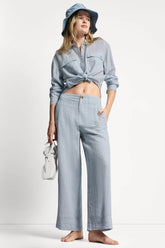 CROPPED WIDE LEG LINEN-BLEND PANTS
