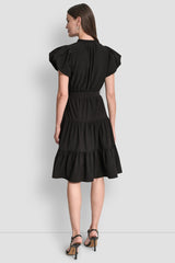 PUFF SLEEVE V-NECK FIT & FLARE DRESS
