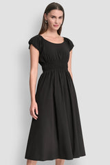 PUFF SLEEVE FIT & FLARE MIDI DRESS