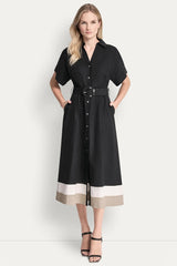 COLOR-BLOCK FIT & FLARE MIDI SHIRT DRESS