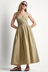 STRAPPY V-NECK MAXI DRESS WITH RAFFIA BELT