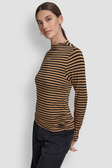 SIDE RUCHED HIGH NECK LONG SLEEVE TOP WITH RHINESTONE