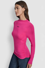 SIDE RUCHED HIGH NECK LONG SLEEVE TOP WITH RHINESTONE