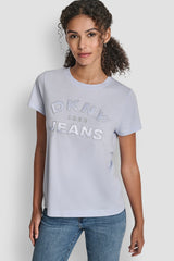 DKNY JEANS SATIN APPLIQUE CHAINSTITCH LOGO CREW NECK TEE