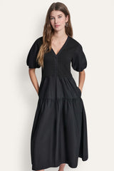 RIB HENLEY MIDI DRESS WITH PUFF SLEEVES