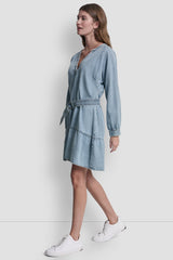 BELTED DENIM V-NECK DRESS