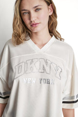 RHINESTONE VARSITY LOGO V-NECK JERSEY